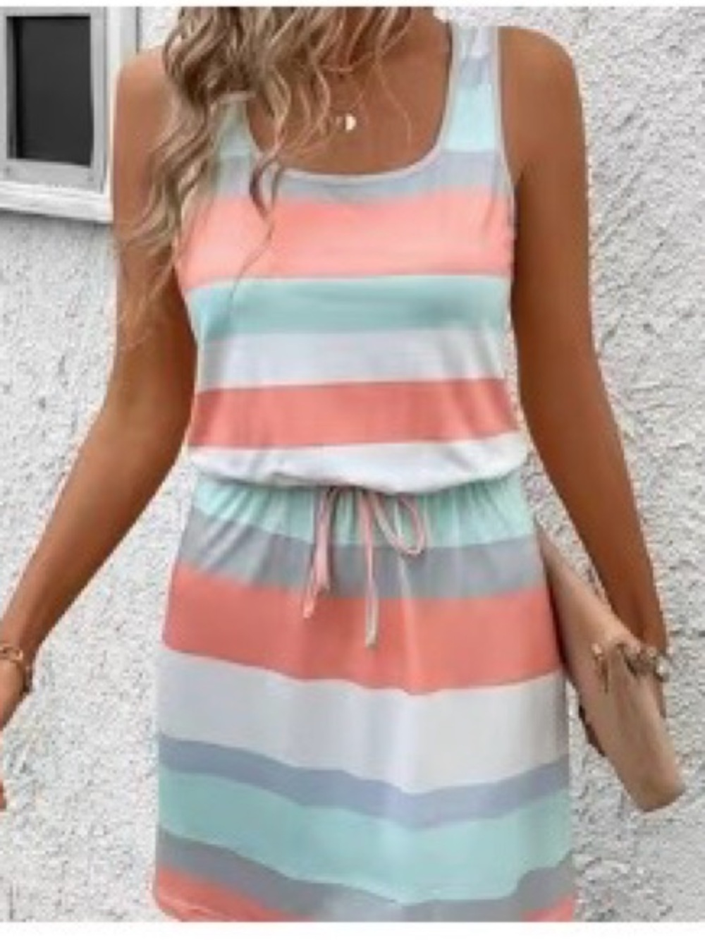 Pastel Striped Faux Drawstring Summer Dress - Mint & Pink